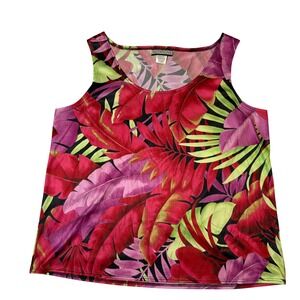 Notations Womens Tropical Leaf Print Tank Top Red Pink Green Size L 16030